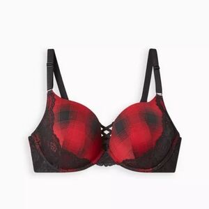 Torrid XO Plunge Push-up bra Epic Plaid Red Size 46B